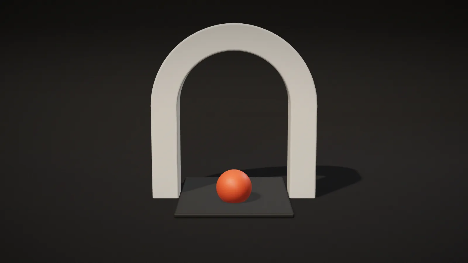 A pale arch standing over a dark floor tile with an orange sphere at its threshold, representing a storefront entrance