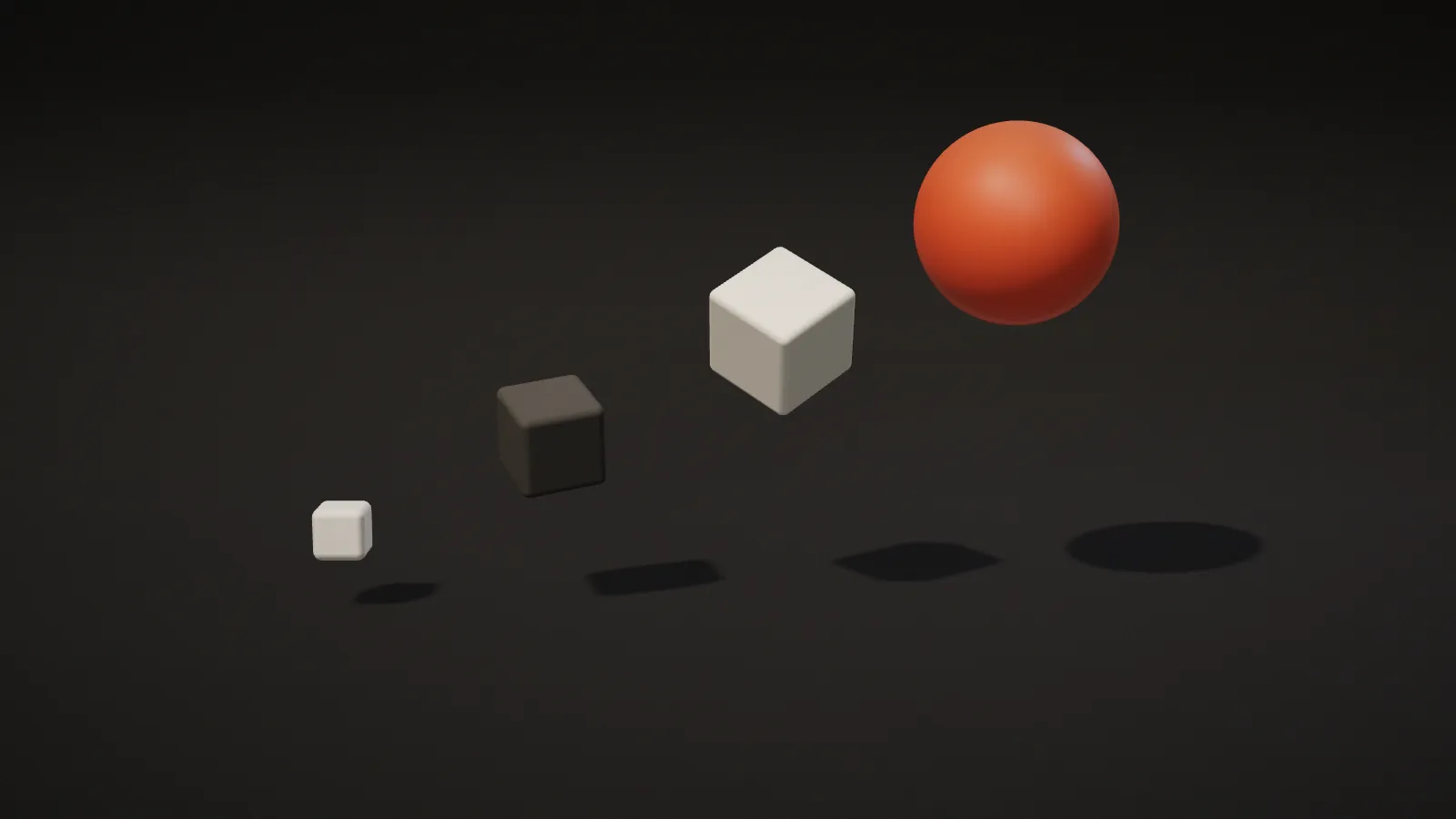 A small pale cube, a dark cube, a larger pale cube and an orange sphere rising diagonally like steps into the air, representing forward momentum